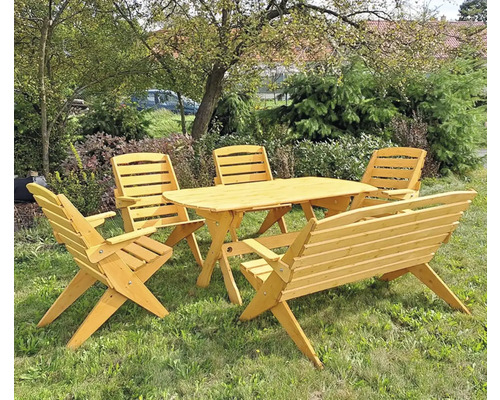 Záhradná zostava drevená SKLADACÍ stôl, lavica, 4 stoličky borovice