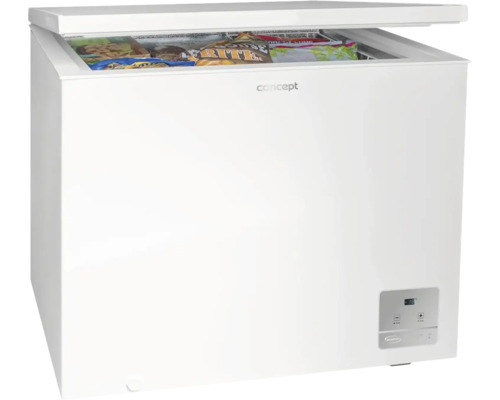 Truhlicová mraznička s otvoreným vekom a potravinami