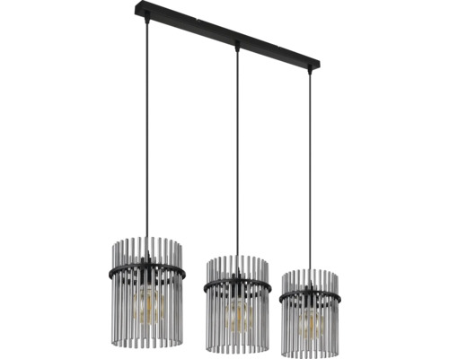 Závesné svietidlo s tromi žiarovkami s valcovými tienidlami z kovových tyčí