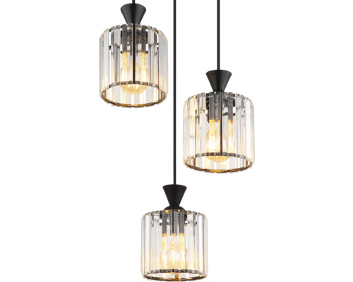 Závesné svietidlo s tromi žiarovkami a tienidlami z krištáľového skla