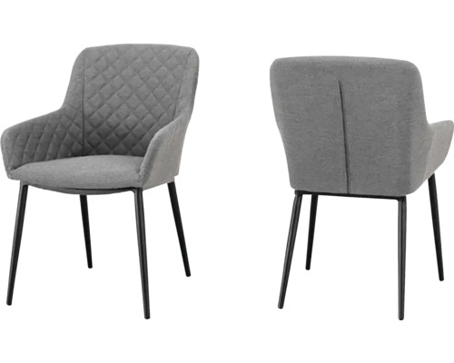 Sivé kreslo s látkovým poťahom a kovovými nohami, pohľad spredu a zozadu