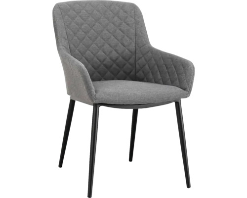 Sivá čalúnená stolička s podrúčkami a čiernymi nohami