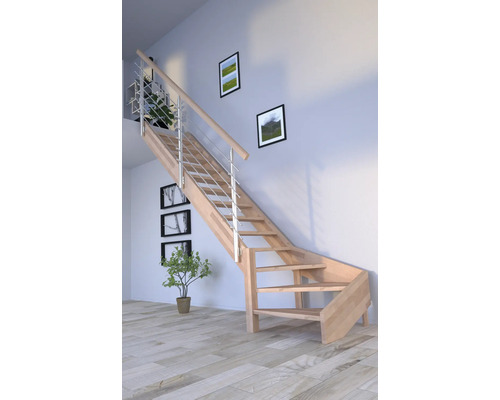 Schodisko Pertura Notos Lepené drevo buk bez podstupníc buk 1/4-stočené dole vľavo 87 cm 13/14 Drevené schodisko s kovovým zábradlím v obývacej izbe