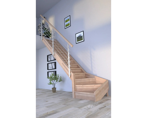 Schodisko Pertura Notos Lepené drevo buk s podstupnicami buk 1/4-stočené dole vľavo 87 cm 13/14 Drevené schodisko s nerezovým zábradlím vo svetlej miestnosti