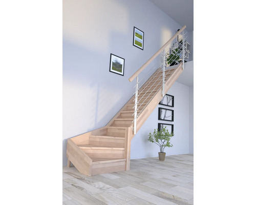 Schodisko Pertura Notos Lepené drevo buk s podstupnicami buk 1/4-stočené dole vpravo 87 cm 13/14 Drevené schodisko s nerezovým zábradlím vo svetlej miestnosti