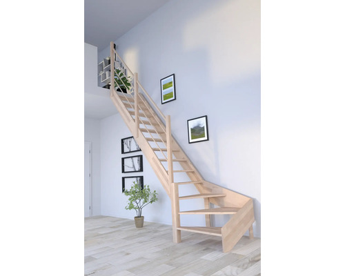 Schodisko Pertura Notos Lepené drevo buk bez podstupníc buk 1/4-stočené dole vľavo 93 cm 13/14 Pohľad do miestnosti s dreveným schodiskom vedúcim do vyvýšeného priestoru