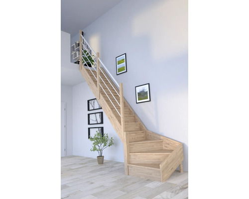Schodisko Pertura Notos Dub s podstupnicami dub 1/4-stočené dole vľavo 93 cm 13/14 Drevené schodisko so zábradlím v obývacej izbe