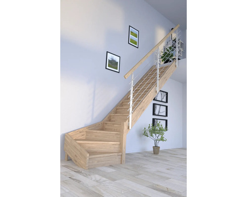 Schodisko Pertura Notos Dub s podstupnicami dub 1/4-stočené dole vpravo 97 cm 13/14 Drevené schodisko s nerezovým zábradlím vo svetlej miestnosti