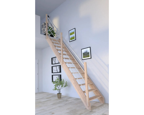 Schodisko Pertura Notos Lepené drevo buk bez podstupníc buk rovné 93 cm 13/14 Drevené schodisko s kovovým zábradlím v obývacej izbe.