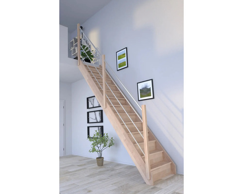 Schodisko Pertura Notos Lepené drevo buk s podstupnicami buk rovné 83 cm 13/14 Drevené schodisko s kovovým zábradlím v obývacej izbe