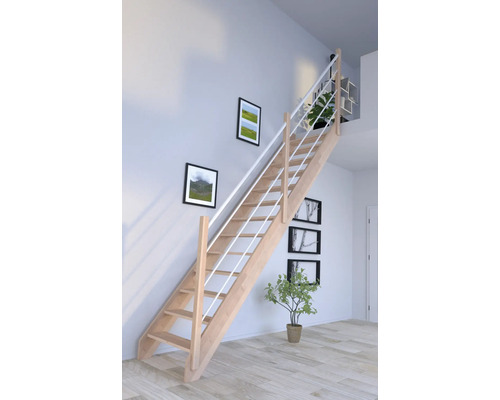 Schodisko Pertura Notos Lepené drevo buk bez podstupníc buk rovné 93 cm 13/14 Drevené schodisko s bielym zábradlím vo svetlej miestnosti