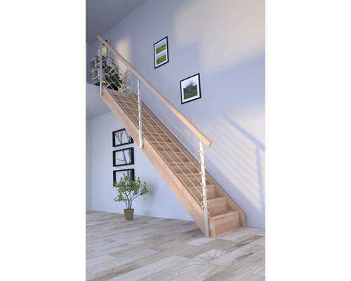 Schodisko Pertura Notos Lepené drevo buk s podstupnicami buk rovné 97 cm 13/14 Drevené schodisko s nerezovým zábradlím v modernom obývacom priestore