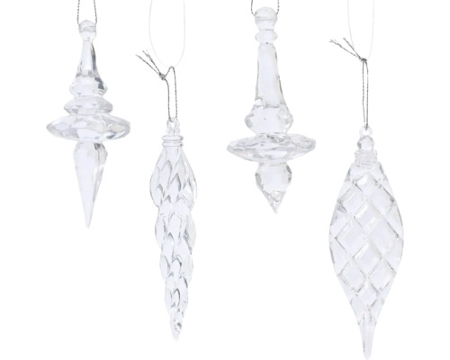 Štyri priehľadné cencúle ako ozdoby na vianočný stromček