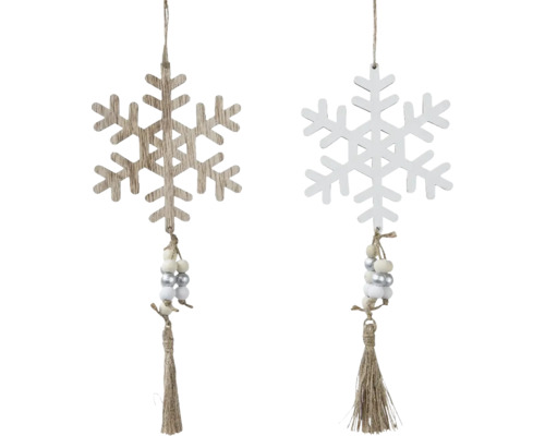 Závesná ozdoba Dva drevené prívesky so snehovými vločkami so strapcami