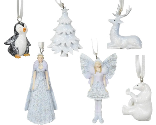 Figura polyresin, rôzne druhy Sada ozdôb na vianočný stromček s motívmi z plastu, vrátane tučniaka, jedle, anjela, soba a ľadového medveďa