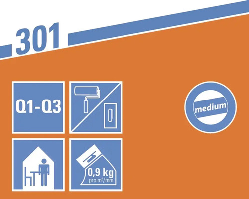 Informácie o produkte: Q1 až Q3, vhodné pre valčeky a špachtle, interiér, spotreba 0,9 kilogramu na meter štvorcový na milimeter, stredná zrnitosť