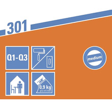 Informácie o produkte: Q1 až Q3, vhodné pre valčeky a špachtle, použitie v interiéri, spotreba 0,9 kilogramu na meter štvorcový na milimeter, stredná zrnitosť