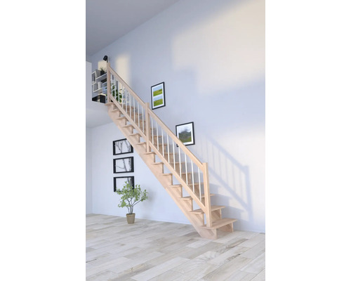 Schodisko Pertura Atanas Lepené drevo buk bez podstupníc buk rovné 80 cm 13/14 Drevené schodisko so zábradlím vo svetlej miestnosti