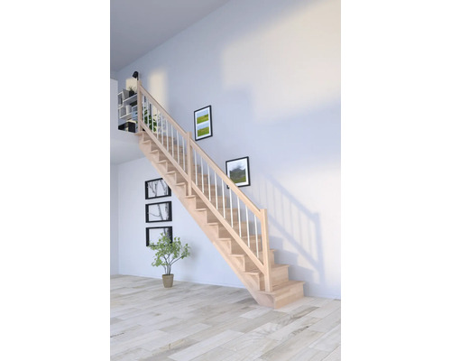 Drevené schodisko so zábradlím vo svetlej miestnosti s obrazmi na stene a malou rastlinou