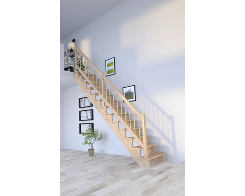 Schodisko Pertura Atanas Dub bez podstupníc dub rovné 80 cm 13/14 Drevené schodisko v svetlej obývacej izbe s obrazmi na stene a policami
