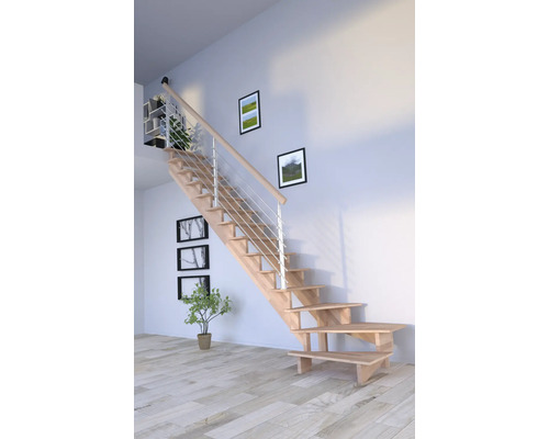 Schodisko Pertura Atanas Lepené drevo buk bez podstupníc buk 1/4-otočené dole vľavo 80 cm 13/14 Svetlá, priateľská miestnosť s dreveným schodiskom a oceľovým zábradlím.
