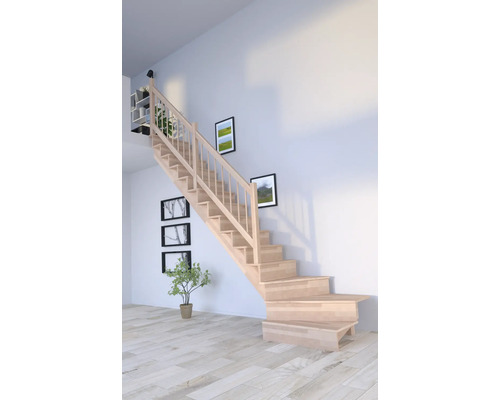 Schodisko Pertura Atanas Lepené drevo buk s podstupnicami buk 1/4-otočené dole vľavo 100 cm 13/14 Svetlé drevené schodisko so zábradlím v moderne zariadenej izbe s obrazmi na stene a policami