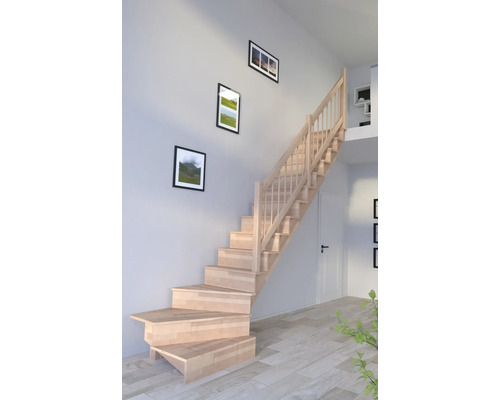 Schodisko Pertura Atanas Lepené drevo buk s podstupnicami buk 1/4-otočené dole vpravo 100 cm 13/14 Drevené schodisko v interiéri so zábradlím a dekoráciou na stene