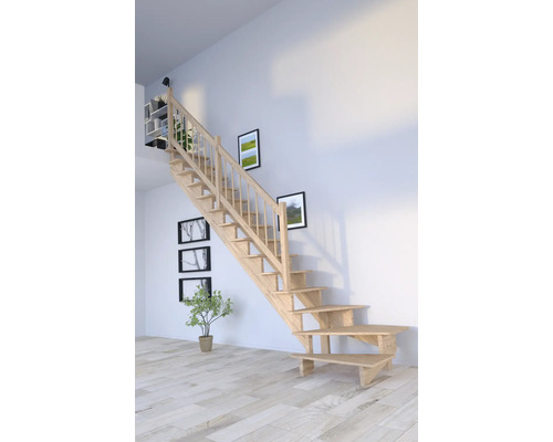 Schodisko Pertura Atanas Dub bez podstupníc dub 1/4-otočené dole vľavo 80 cm 13/14 Drevené schodisko so zábradlím vo svetlej miestnosti s obrazmi na stene a rastlinou