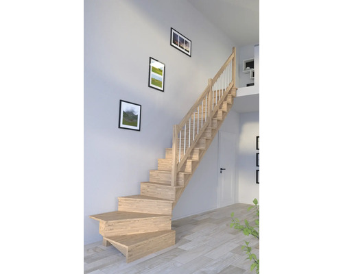 Schodisko Pertura Atanas Dub s podstupnicami dub 1/4-otočené dole vpravo 100 cm 13/14 Drevené schodisko so zábradlím vo svetlej miestnosti s obrazmi na stene.