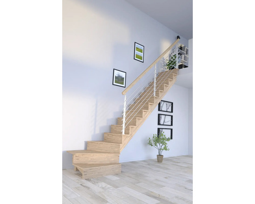 Schodisko Pertura Atanas Dub s podstupnicami dub 1/4-otočené dole vpravo 80 cm 13/14 Svetlé drevené schodisko s nerezovým zábradlím v moderne zariadenej izbe