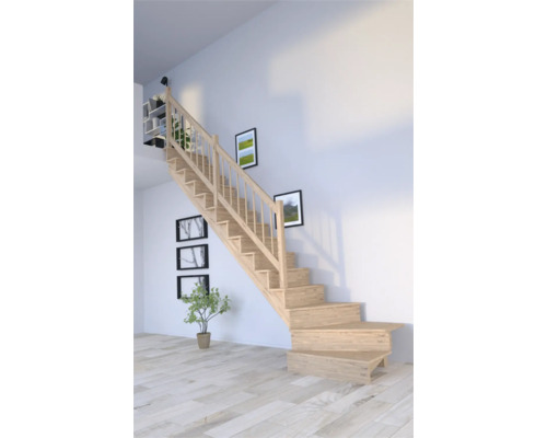 Schodisko Pertura Atanas Dub s podstupnicami dub 1/4-otočené dole vľavo 80 cm 13/14 Drevené schodisko v interiéri so zábradlím.