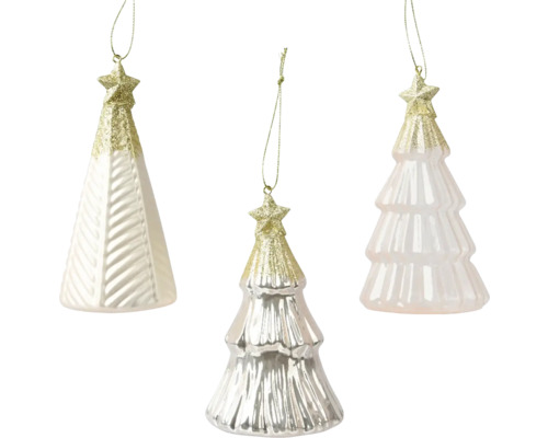 Stromček sklenený Tri vianočné ozdoby v tvare vianočných stromčekov s hviezdami