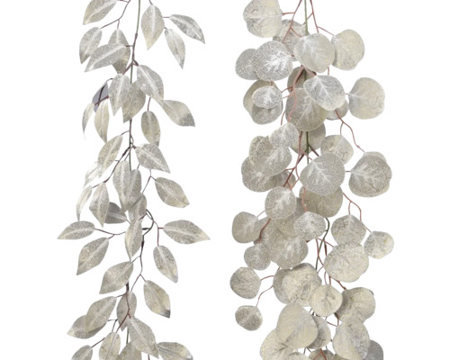 Dva umelé eukalyptové girlandy s okrúhlymi a podlhovastými listami