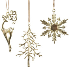 Ozdobné zlaté prívesky v tvare jeleňa, stromu a snehovej vločky