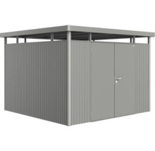 Kovový záhradný domček s dvojkrídlovými dverami a plochou strechou