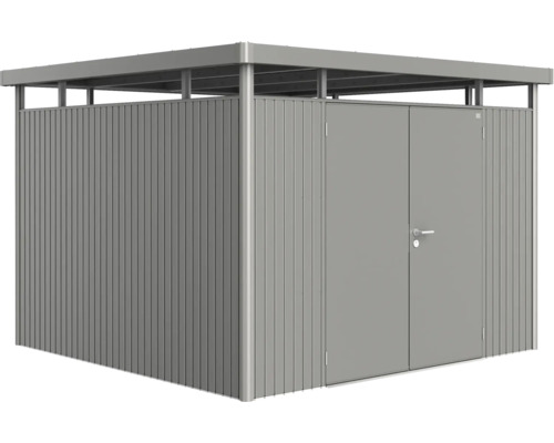 Kovový záhradný domček s dvojkrídlovými dverami a plochou strechou