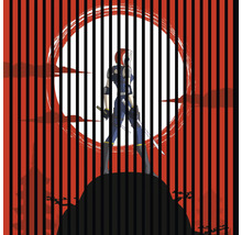 Ilustrácia ženy s mečom na červenom pozadí