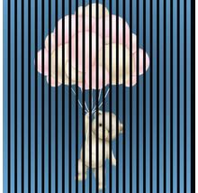 Ilustrácia medvedíka visiaceho na balóne s vertikálnymi pruhmi v popredí.