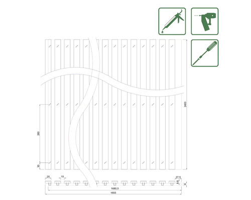 Technický nákres dreveného plota s rozmermi a potrebným náradím