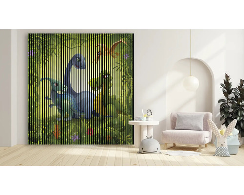 Dekoratívny obraz dinosaura s lamelovou štruktúrou v detskej izbe.