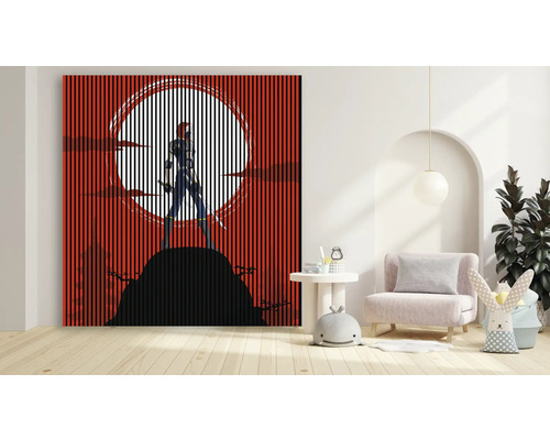 Dekoratívny lamelový obraz s komiksovým motívom v detskej izbe.