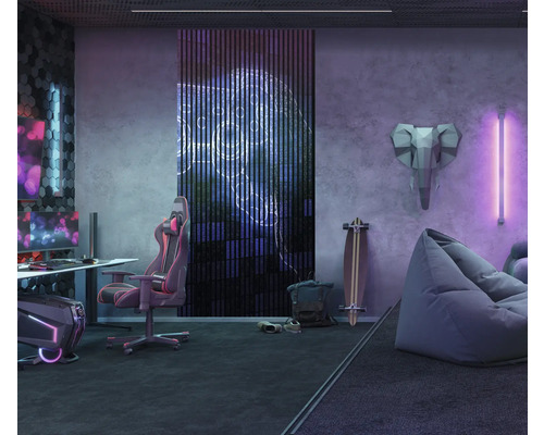 Zariadenie izby s herným PC, hernou stoličkou, sedacím vakom, skateboardom a nástennou dekoráciou