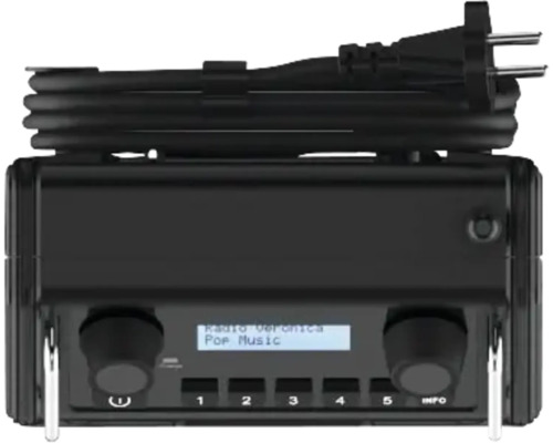 Čierne digitálne rádio s otočnými gombíkmi a displejom