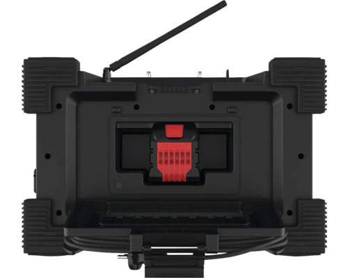 Pohľad zozadu na staveniskové rádio s anténou