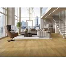 Svetlá obývacia izba s parketovou podlahou, pohovkou, kreslom, schodiskom a panoramatickými oknami