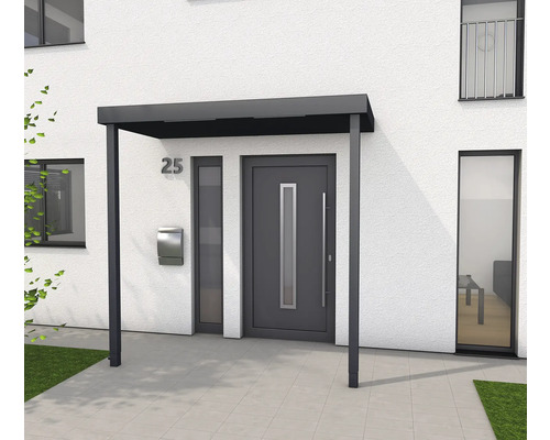 Vchodová strieška Gutta BS Plus XL RAL 7016 antracit 250x125 cm vrátane 2 stĺpikov, odtok vody vľavo Strieška nad vchodové dvere s číslom domu a poštovou schránkou na fasáde