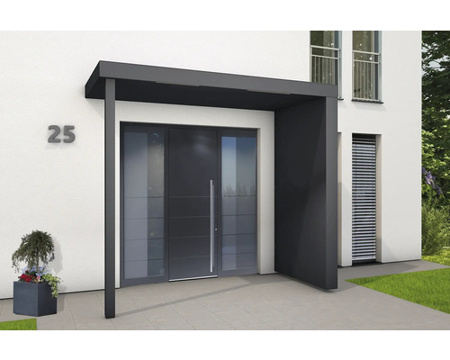 Vchodová strieška Gutta BS Plus XL RAL 7016 antracit 250x125 cm vrátane pravého bočného dielu, ľavý stĺpik, odtok vody v bočnom diele Moderný dom s vchodovými dverami a strieškou