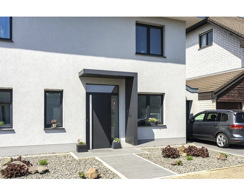 Vchodová strieška Gutta BS Plus 160 RAL 7016 antracitová sivá 160x90 cm vrátane poštovej schránky, pravý bočný diel, odtok vody v bočnom diele Moderný dom s vchodovými dverami, oknami a predzáhradkou