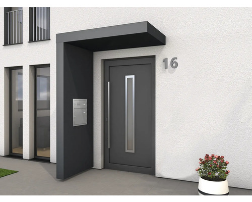 Vchodová strieška Gutta BS Plus 160 RAL 7016 antracit 160x90 cm, ľavý bočný diel vrátane poštovej schránky, funkčného boxu, nerezový odtok vody v bočnom diele Vchodové dvere so strieškou a poštovou schránkou na stene domu