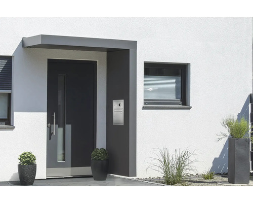 Vchodová strieška Gutta BS Plus 160 RAL 7016 antracit 200x90 cm, pravý bočný diel vrátane poštovej schránky, zvončeka a domáceho telefónu, nerezový odtok vody v bočnom diele Vchodové dvere so strieškou a poštovou schránkou na stene domu